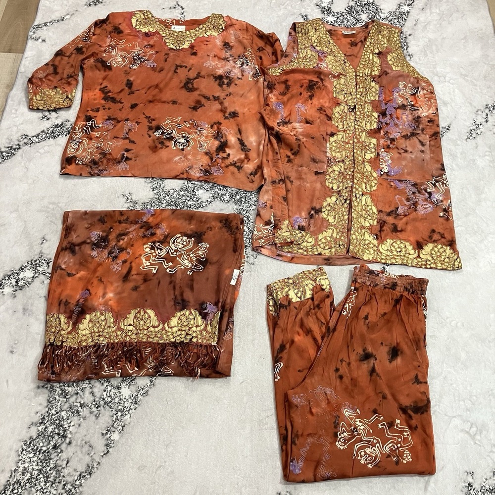 Ana Mori Vintage 4 Piece Set Pants Vest Blouse Scarf One Size Wearable Art